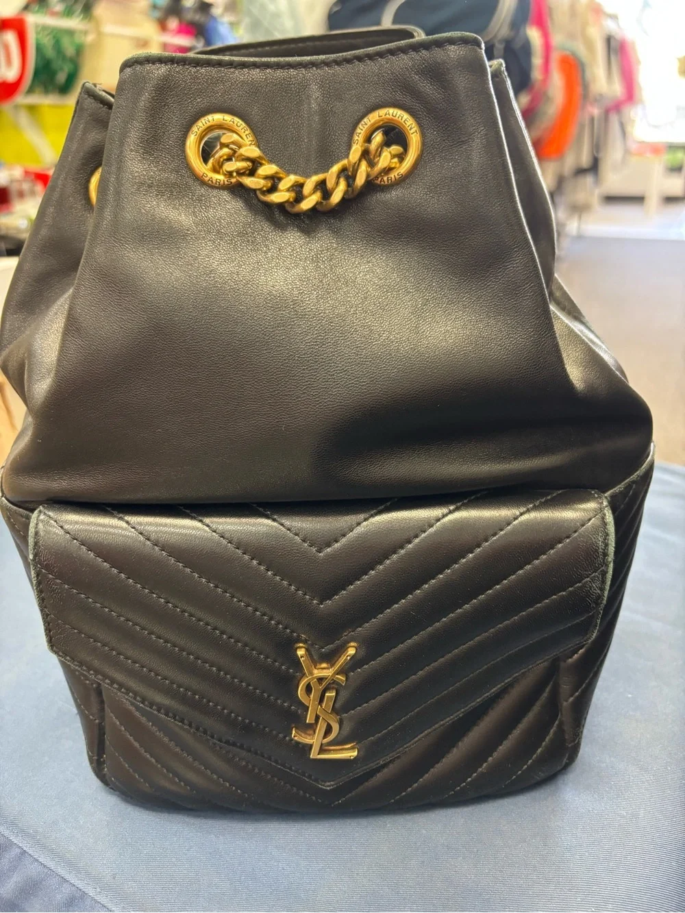 Saint Laurent Black Quilted Leather Backpack with Gold YSL Logo